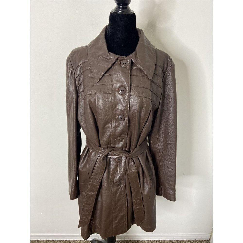 Sears Quebec Woman M/L 70s Brown Leather Chocolate Coat Lined Belted Mod Hipster